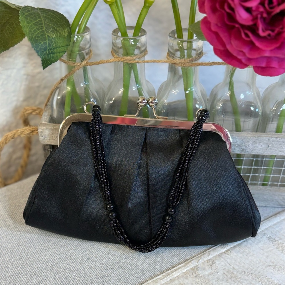 Target Vintage-Style Black‎ Satin Pleated Evening Bag with Beaded Strap 8.25x4.5